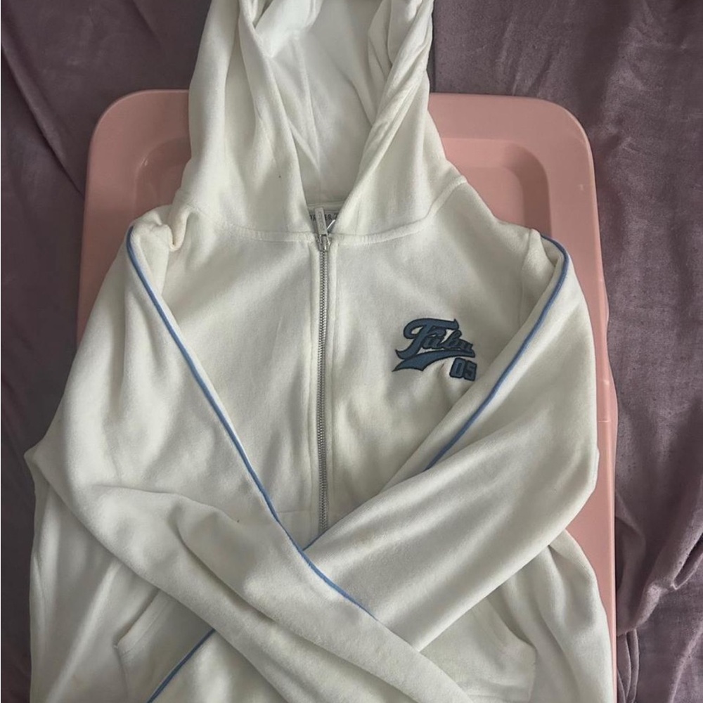 White Fubu Y2K zip-up hoodie with Blue Accents